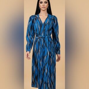 Anthro Happy Nature Blue Patterned Wrap belted long sleeve Dress size L